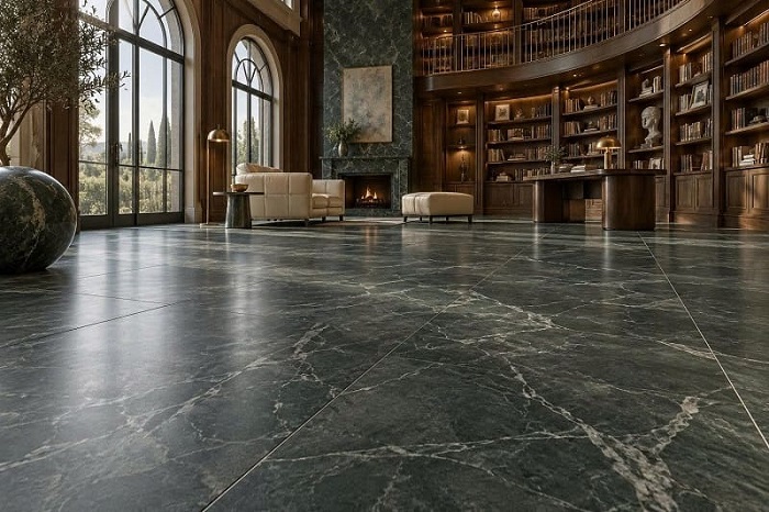 Gạch 120x120 xanh đen vân đá lát phòng đọc sách