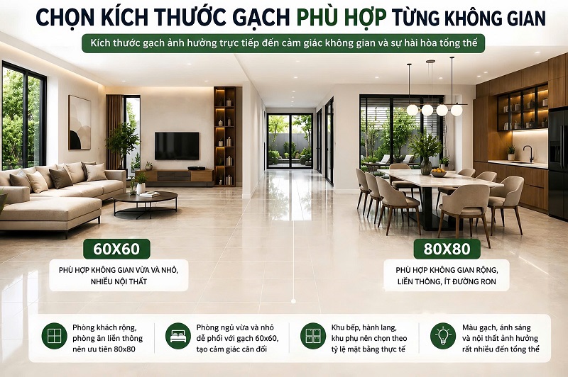 Màu sắc bề mặt và kích thước gạch ảnh hưởng đến không gian
