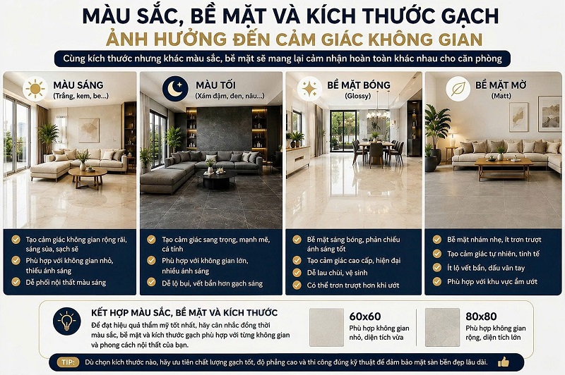 Màu sắc bề mặt và kích thước gạch ảnh hưởng đến không gian