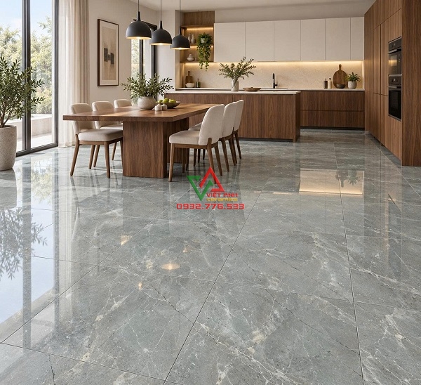 Gạch 80x80 xám xanh Armani Grey lát nền phòng bếp và phòng ăn