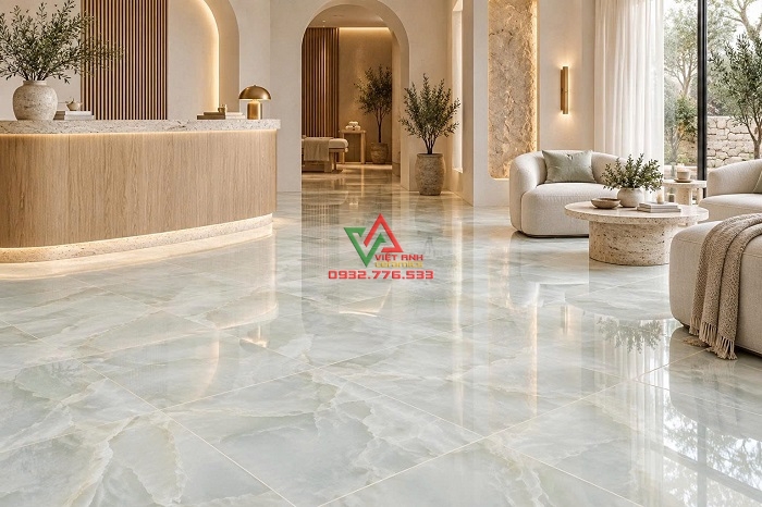 Gạch 80x80 Onyx Green xanh ngọc nhạt lát nền spa cao cấp