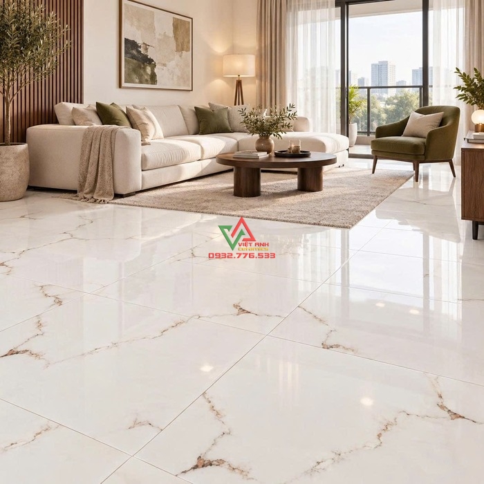 Gạch 80x80 trắng kem vân nâu vàng lát nền phòng khách hiện đại