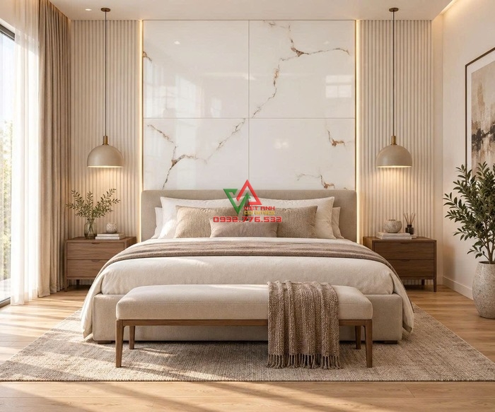 Gạch 80x80 trắng kem vân nâu vàng ốp điểm nhấn đầu giường
