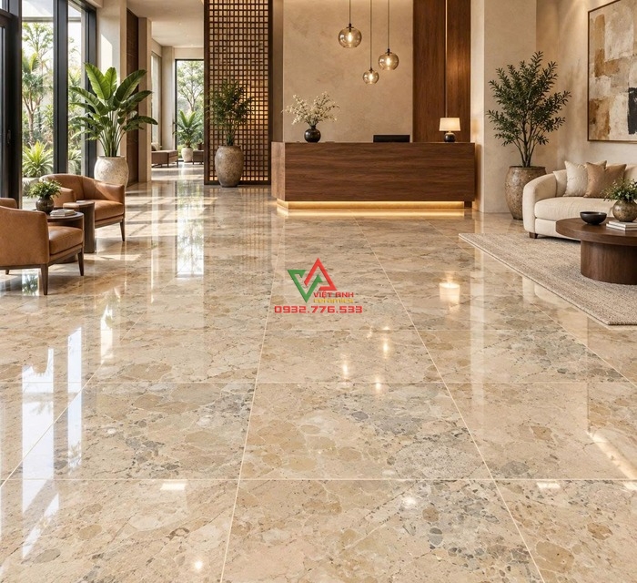 Gạch 80x80 vàng kem vân đá Breccia lát nền sảnh khách sạn