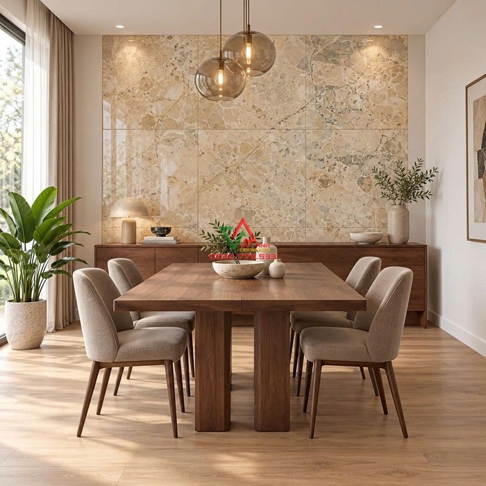 Gạch 80x80 vàng kem vân đá Breccia ốp điểm nhấn phòng ăn
