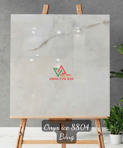 Gạch Ấn 80x80 Onyx Ice Trắng Kem Vân Nâu Vàng Bóng