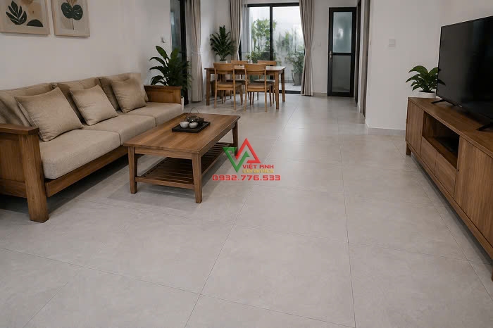 Phòng khách lát gạch 80x80 màu ghi sáng
