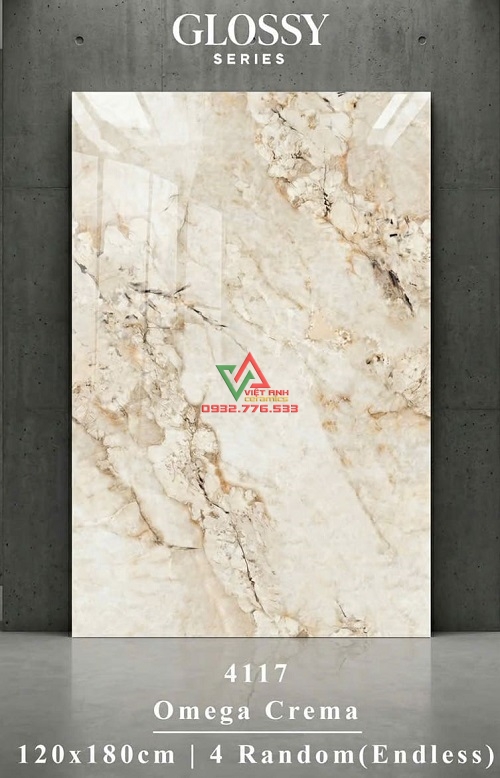 Gạch 120x180 Trắng Kem Vân Đá Pha Lê Bóng Kiếng