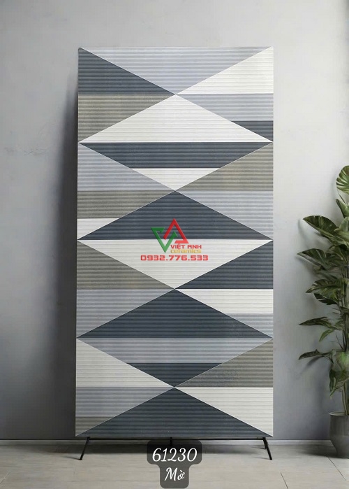 Gạch 60x120 mờ Ấn Độ phối mảng tam giác xám trắng, điểm những đường sọc ngang nhỏ.