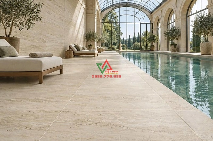 Gạch 60x120 Travertine màu kem lát khu vực hồ bơi