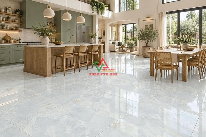 Gạch vân đá 80x160 mã 81618 lát nền phòng bếp và bàn ăn