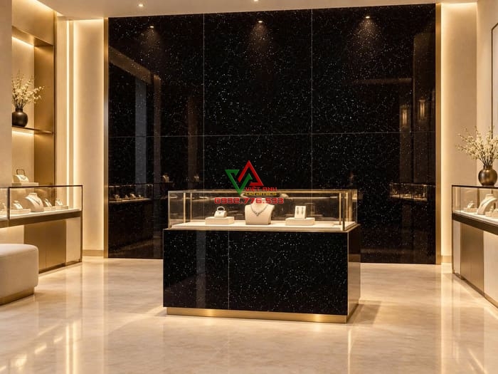 Gạch 80x160 đen hạt trắng bóng ốp showroom trang sức
