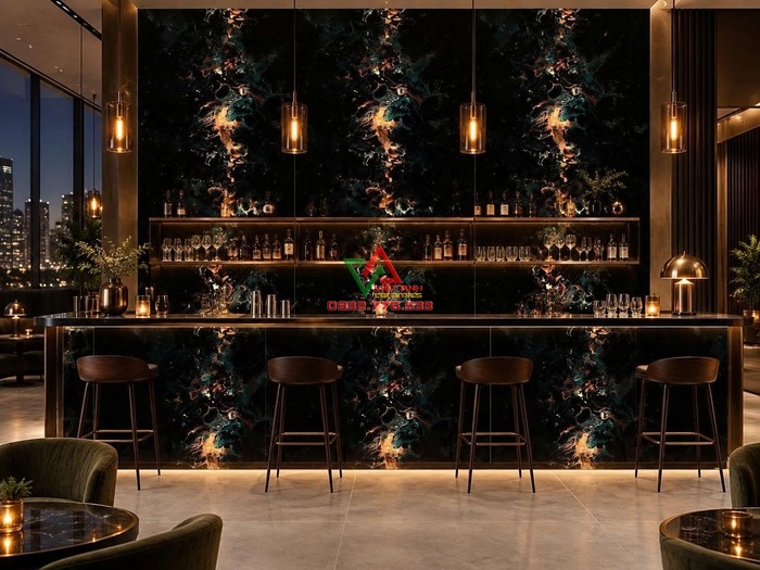 Gạch 80x160 đen vân ngọc xanh đồng ốp quầy bar cao cấp
