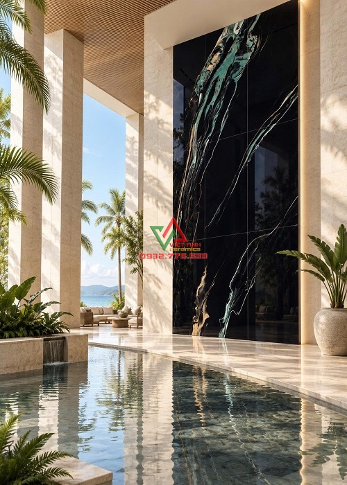 Gạch 80x160 vân ngọc vàng đồng ốp sảnh spa cao thoáng cạnh hồ nước
