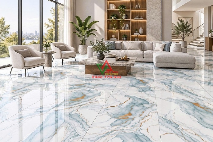 Gạch 80x160 vân vô cực lát nền phòng khách cao rộng và nhiều ánh sáng
