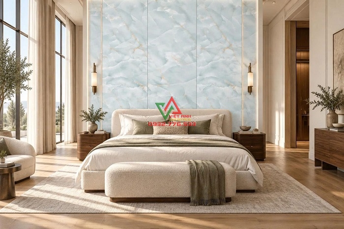 Gạch 80x160 xanh ngọc lát nền phòng ngủ căn hộ hiện đại