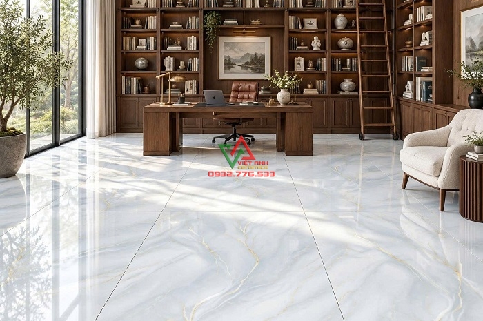 Gạch 80x160 xanh nhạt vân chỉ vàng lát nền thư viện và phòng làm việc