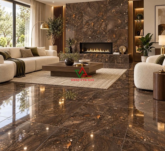 Gạch 80x80 nâu cà phê vân đá cuộn ánh đồng lát phòng khách