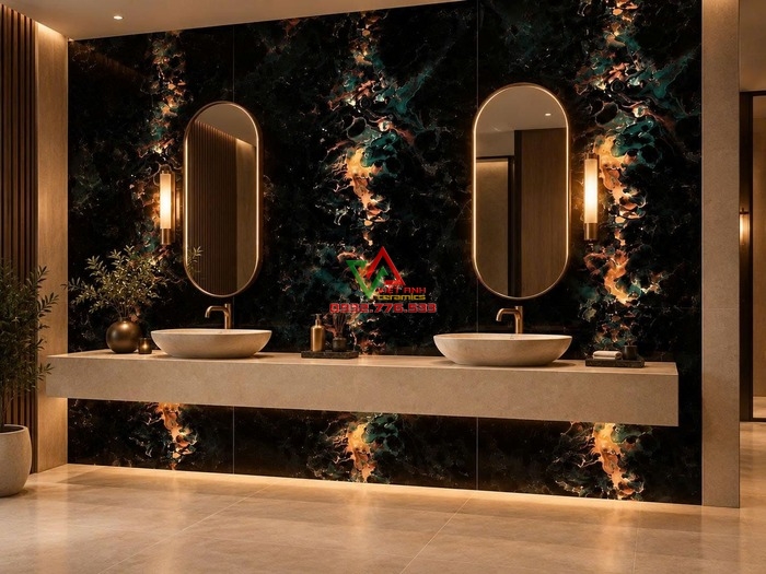 Gạch đen loang mây xanh đồng ốp vách lavabo khách sạn