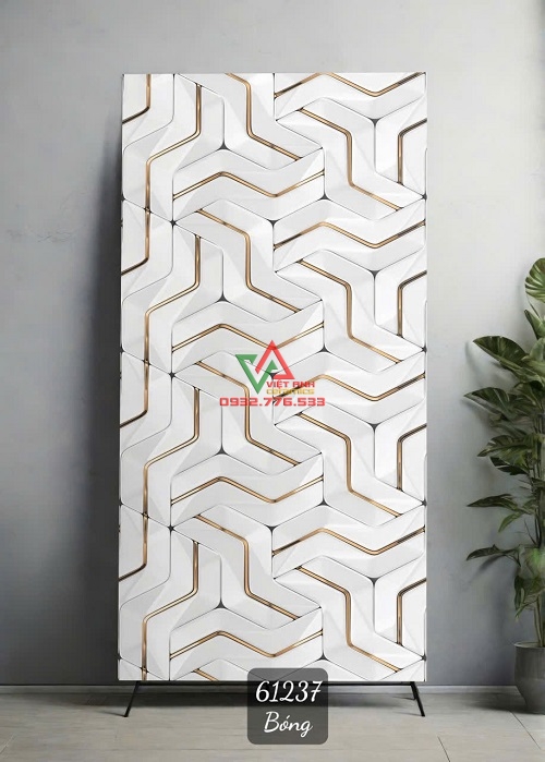 Gạch Khổ Lớn 60x120 3D Trắng Họa Tiết Đan Khối Viền Vàng Bóng