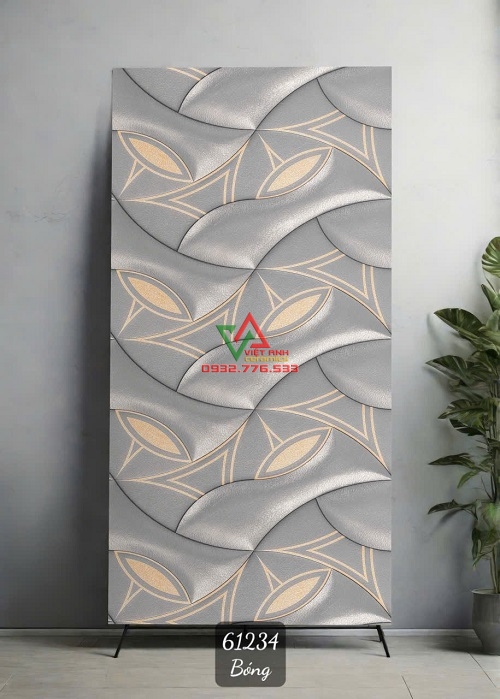 Gạch Khổ Lớn 60x120 3D Xám Họa Tiết Sóng Lá Viền Vàng Bóng