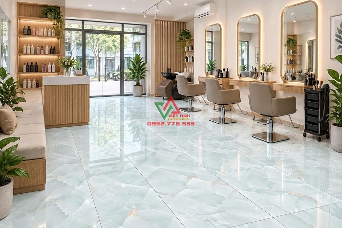 Gạch khổ lớn 80x160 xanh ngọc lát nền salon tóc sang trọng