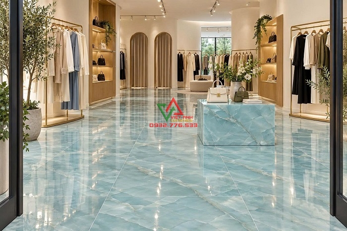 Gạch khổ lớn xanh ngọc siêu bóng lát nền cửa hàng thời trang