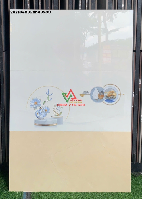 Gạch Ốp Tường 40x80 Trắng Kem Hoa Xanh Bóng Kiếng