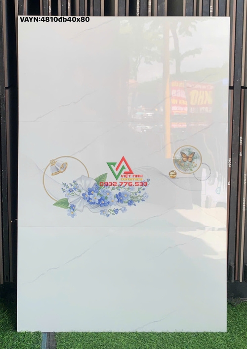 Gạch Ốp Tường 40x80 Trắng Vân Xám Hoa Xanh Bóng Kiếng