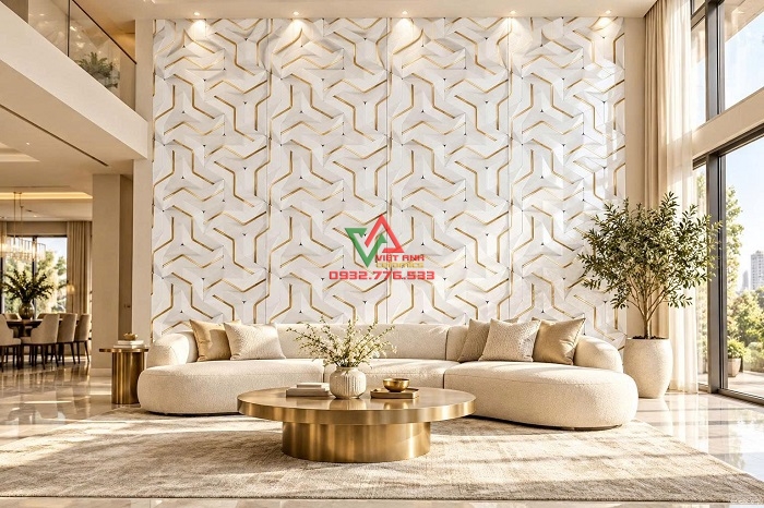 Không Gian Phòng Khách Gạch 60x120 3D Trắng Đan Khối Viền Vàng