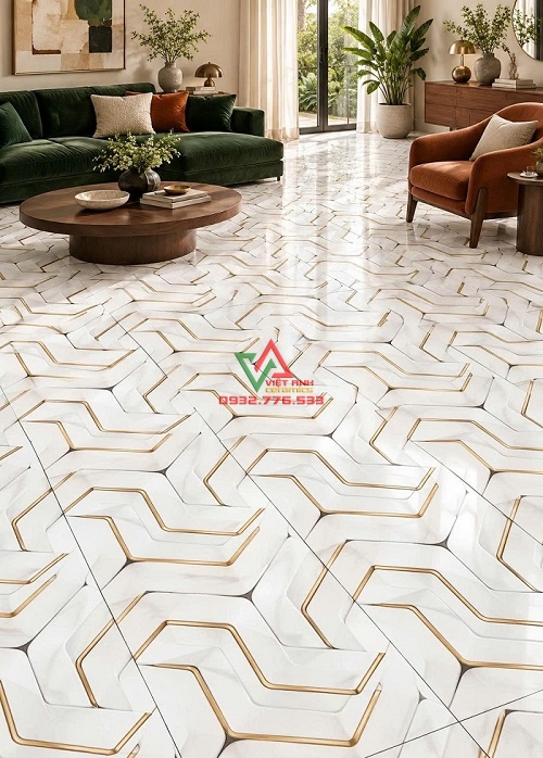 Phòng khách lát nền gạch 60x120 trắng 3D đan khối viền vàng