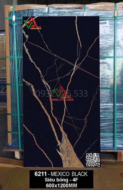 GẠCH LÁT NỀN 6X0120 MEXICO BLACK VÂN VÀNG SIÊU BÓNG ẤN ĐỘ CAO CẤP