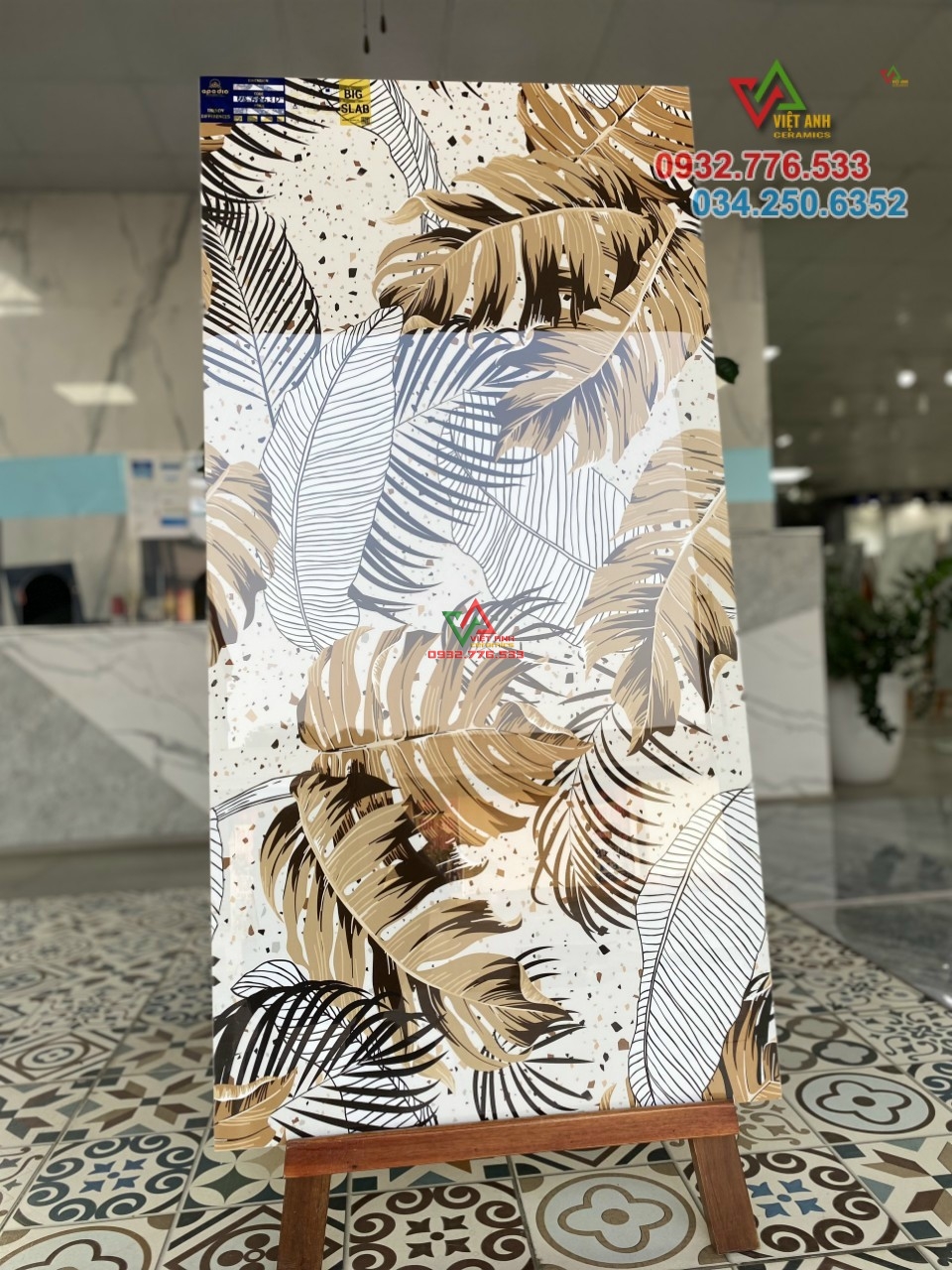 Gạch ốp lát nền nhà 600x1200 họa tiết lá thu vàng hàng Liên Doanh Việt Ấn