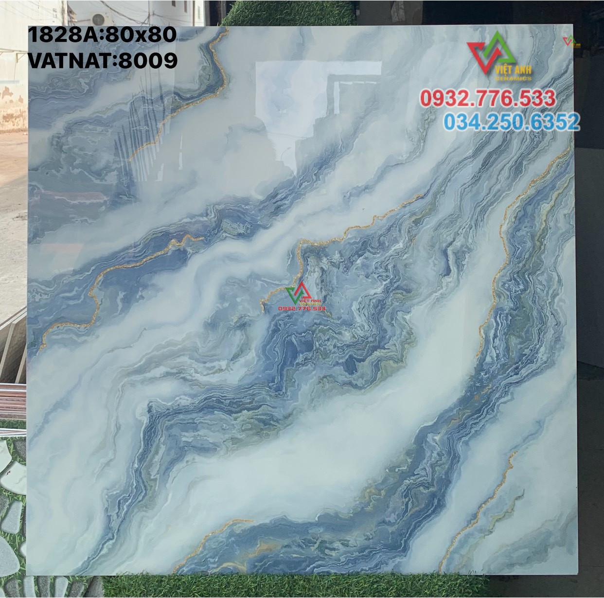 Gạch 80x80 đá Porcelain màu xanh bóng kiếng