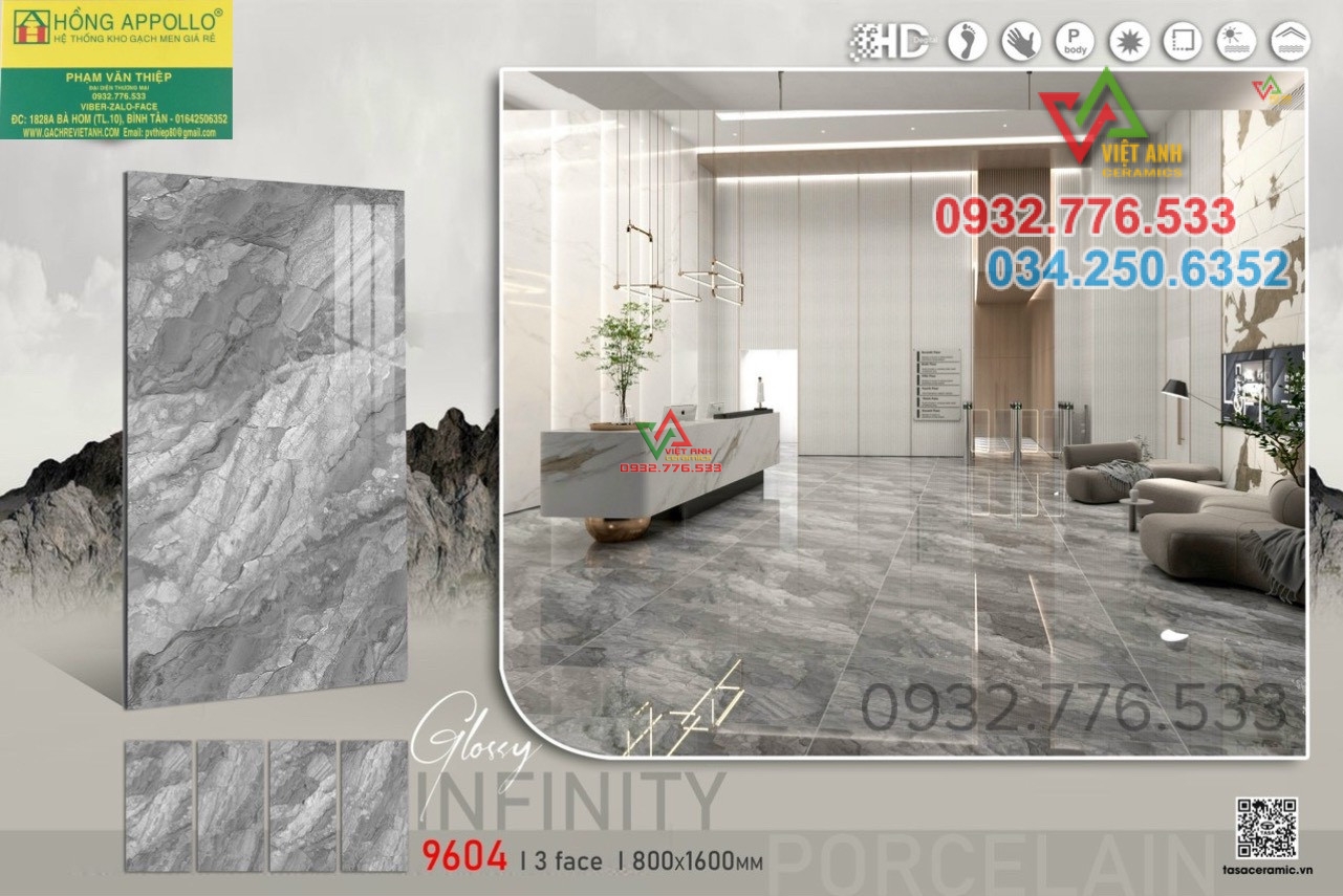 Gạch trang trí khổ lớn 80x160 màu xám glossy ốp lát sảnh trưng cư