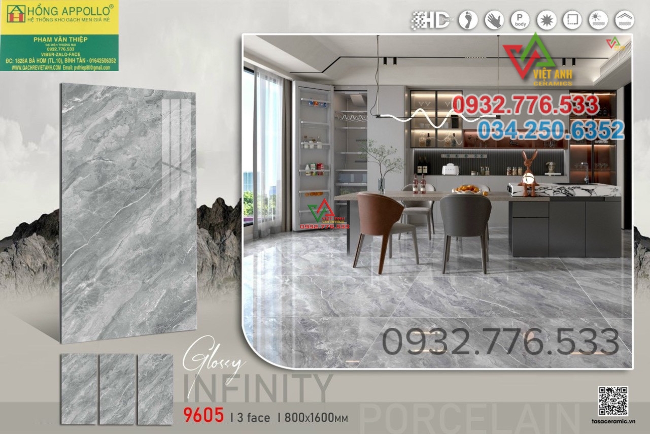 Mô hình gạch 80x160 Glossy màu xám bóng sang trọng