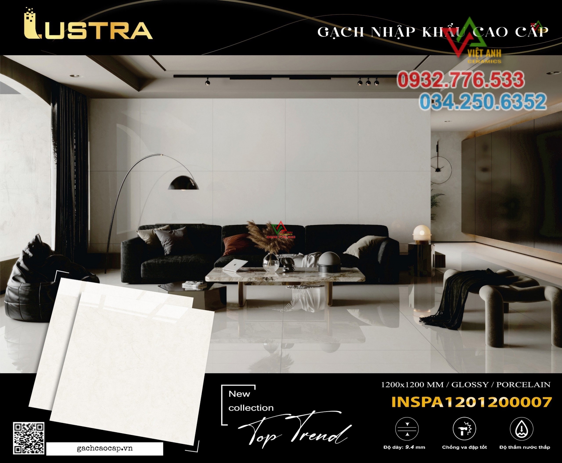 Gạch lát nền 120x120 khổ lớn màu trắng tinh bóng kiếng INSPA1201200007
