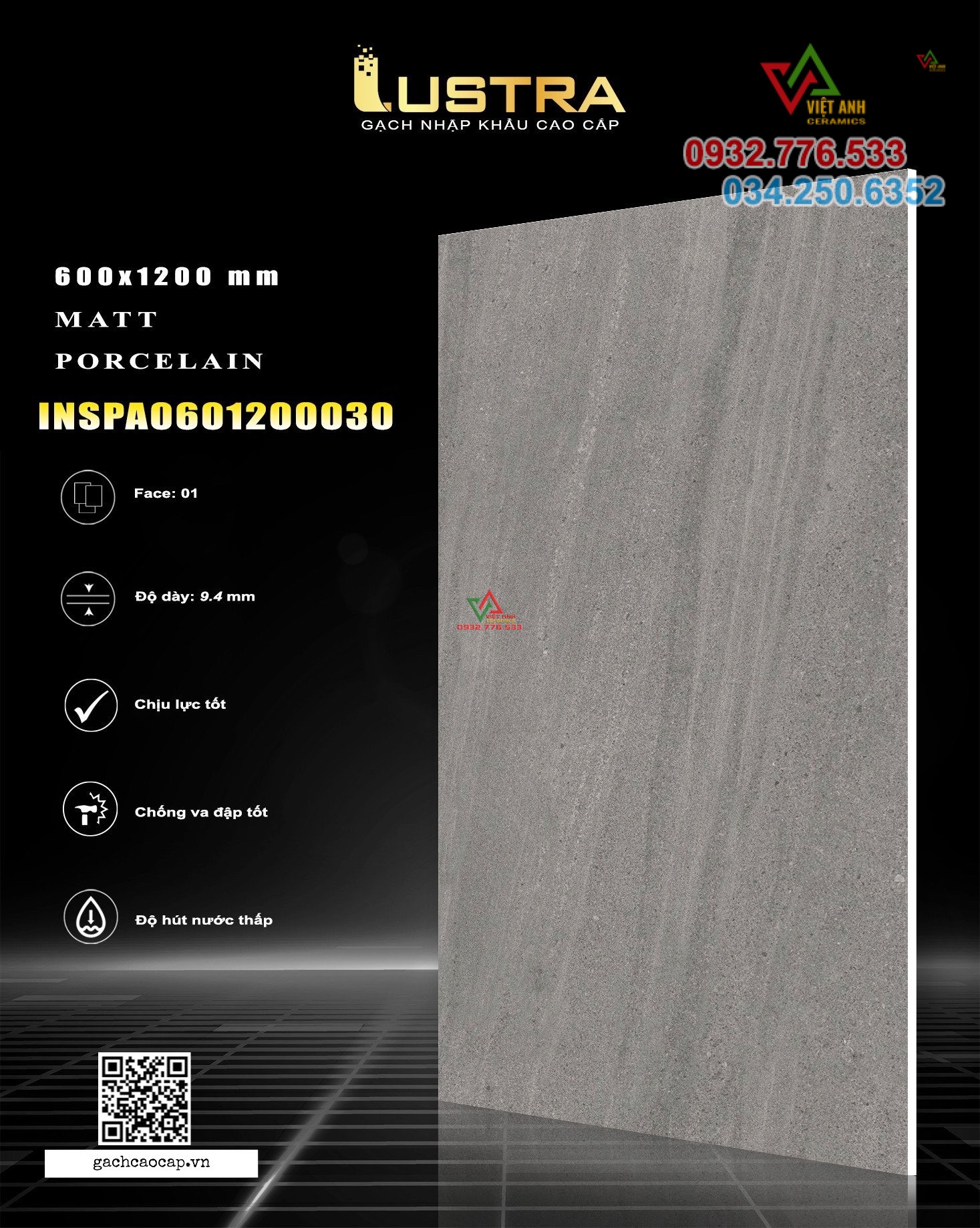 Gạch 60x120 large format dark gray matte stone tiles