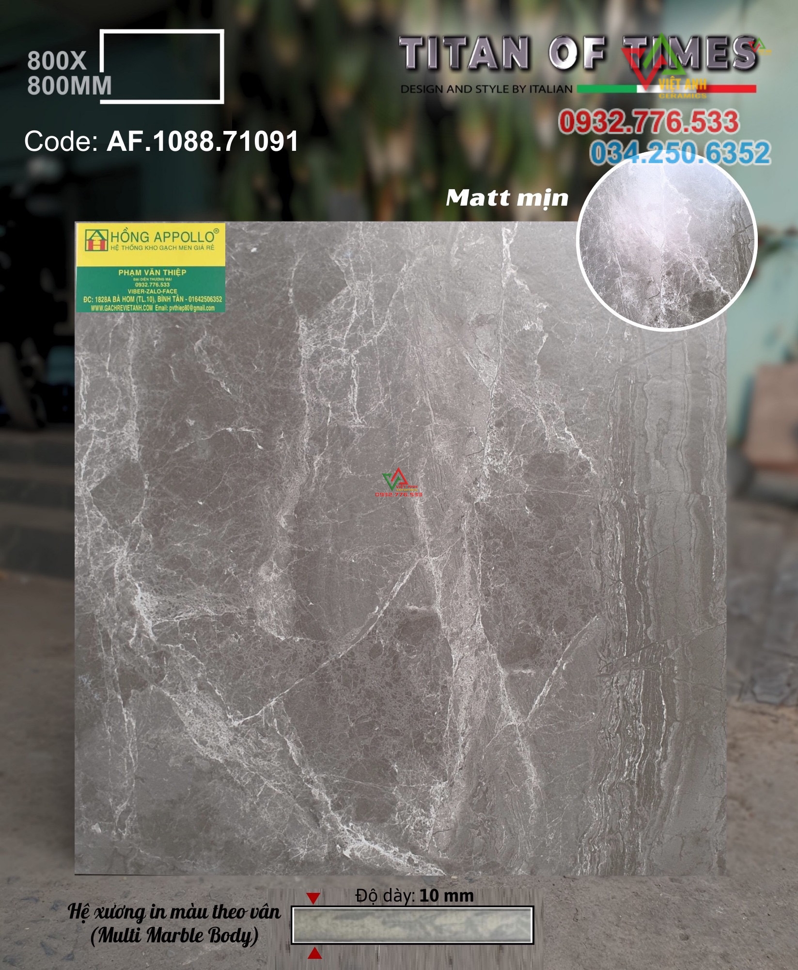 Gạch 80x80 đá mờ màu xám vân trắng độ dày 10mm