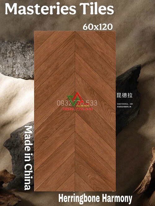 Gạch gỗ TQ nâu đậm 60x120 kiểu xương cá cao cấp