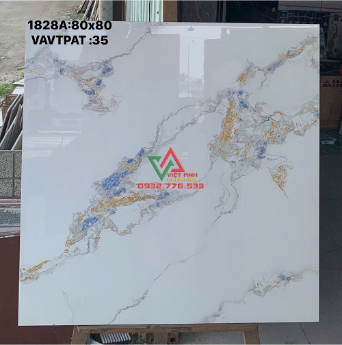 Gạch 80x80 đá bóng marble màu trắng vân xanh vàng sang trọng