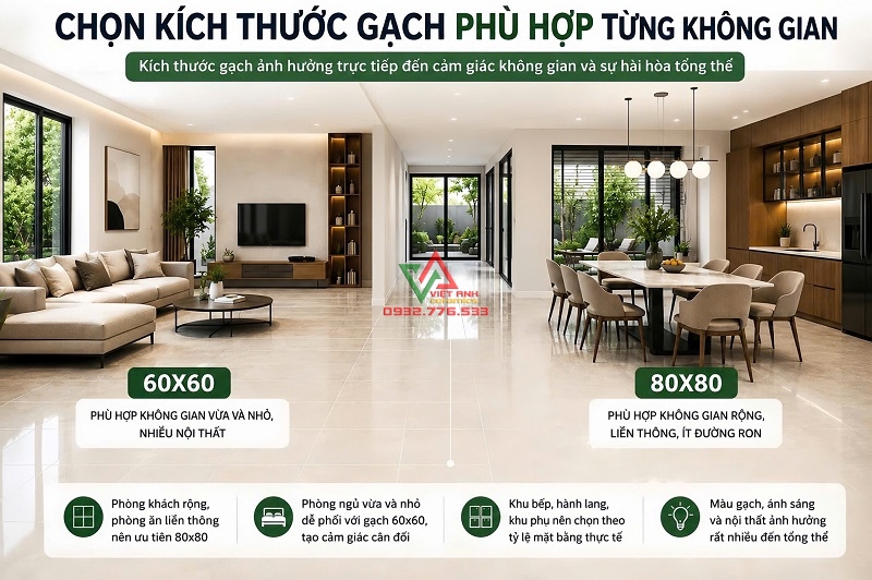 Màu sắc bề mặt và kích thước gạch ảnh hưởng đến không gian