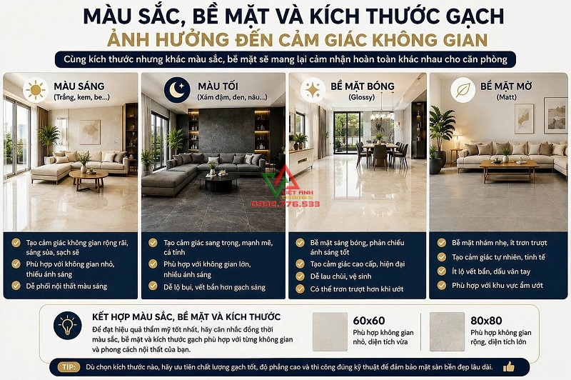 Màu sắc bề mặt và kích thước gạch ảnh hưởng đến không gian