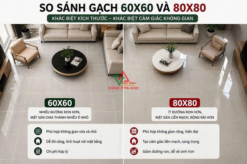 So sánh gạch 60x60 và 80x80 khi lát nền