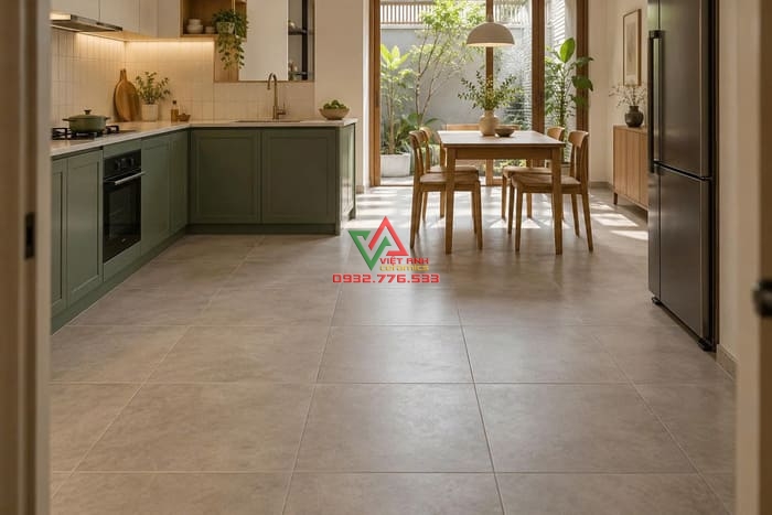 Bếp và phòng ăn nhỏ với gạch lát nền xám be