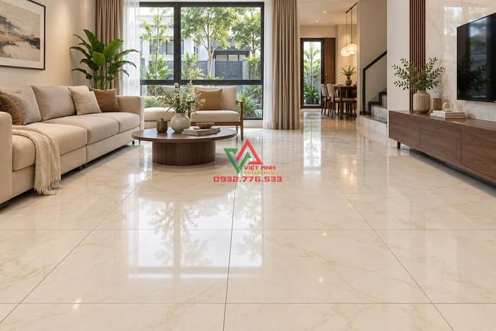 Không gian phòng khách gợi ý cho nhà 60m² với nền gạch sáng