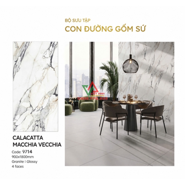Gạch Ốp Lát 90x180 Trắng Vân Đá Xám Chỉ Vàng Bóng Kiếng