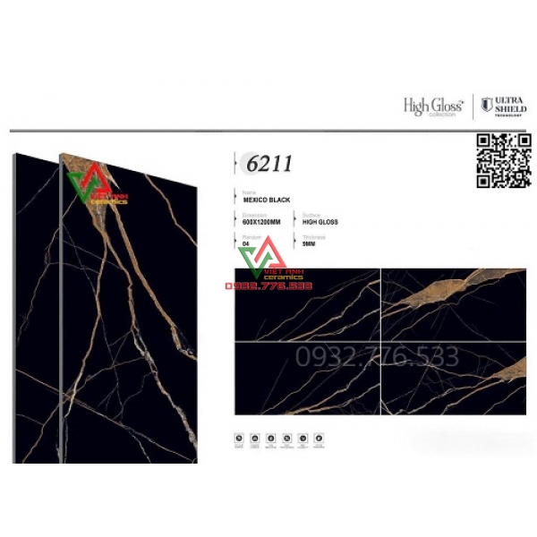 GẠCH LÁT NỀN 6X0120 MEXICO BLACK VÂN VÀNG SIÊU BÓNG ẤN ĐỘ CAO CẤP