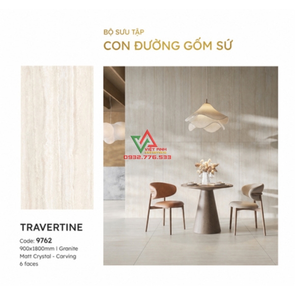 Gạch Ốp Tường 90x180 Trắng Kem Vân Đá Travertine Mờ