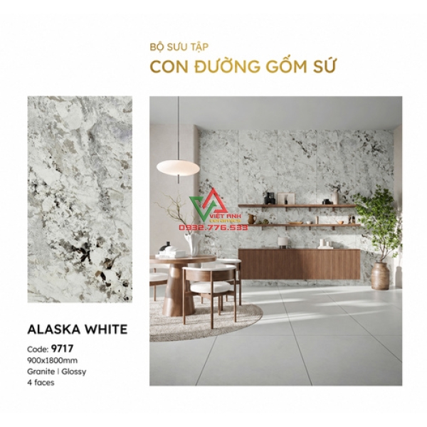 Gạch Khổ Lớn 90x180 Trắng Xám Vân Đá Alaska Bóng Kiếng